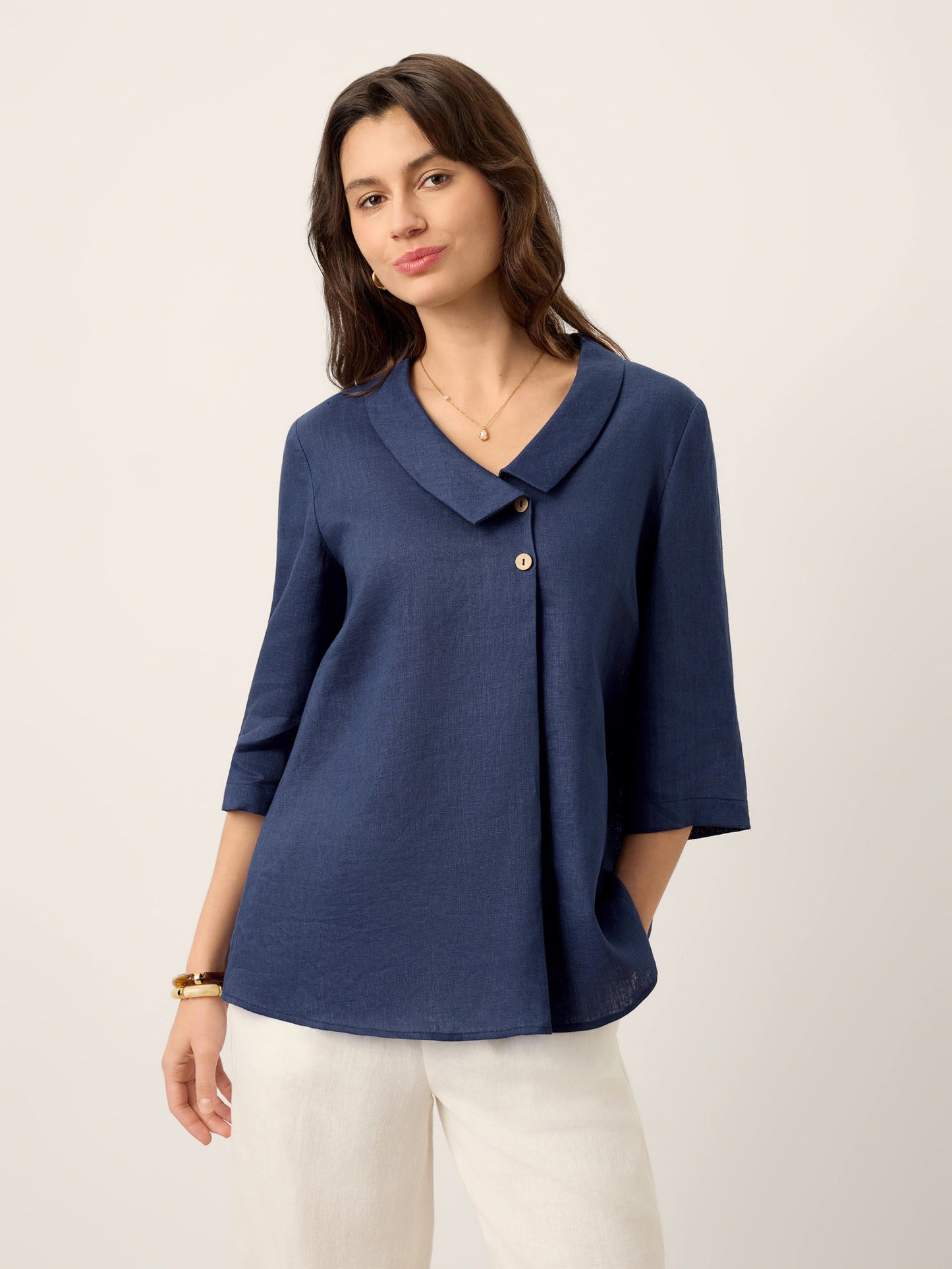 Blaire | Women’s Blue Linen Asymmetric Collar Pleat Blouse