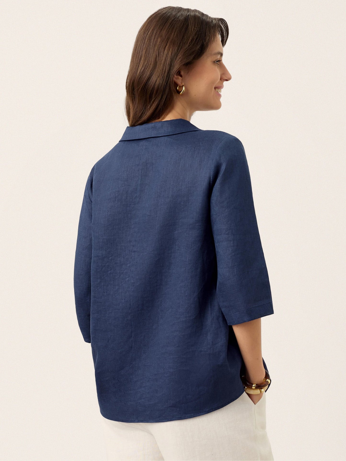 Blaire | Women’s Blue Linen Asymmetric Collar Pleat Blouse
