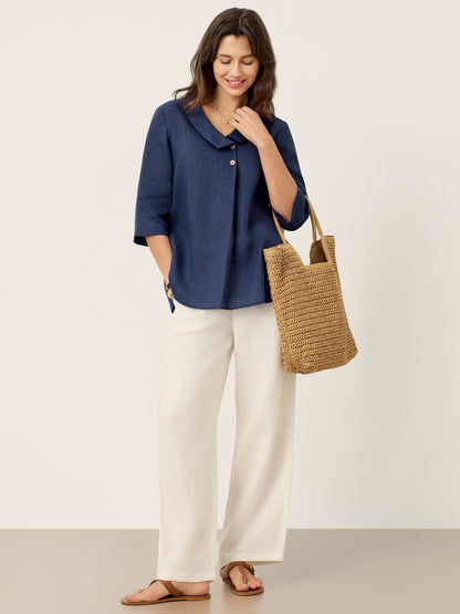 Blaire | Women’s Blue Linen Asymmetric Collar Pleat Blouse