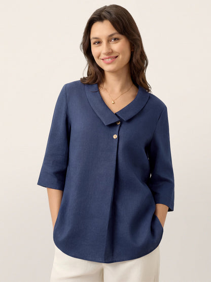 Blaire | Women’s Blue Linen Asymmetric Collar Pleat Blouse