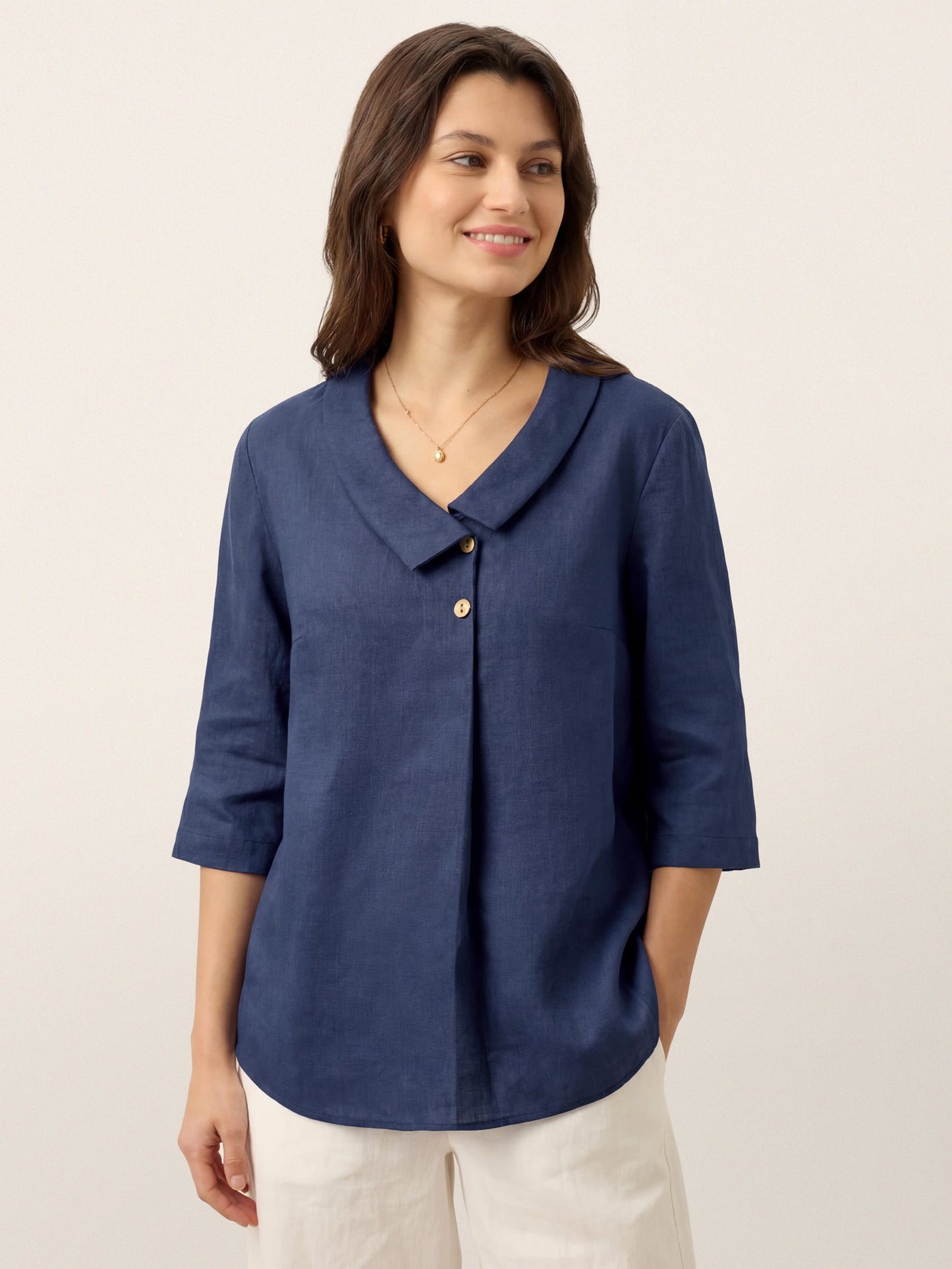 Blaire | Women’s Blue Linen Asymmetric Collar Pleat Blouse