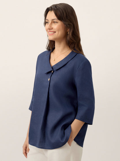Blaire | Women’s Blue Linen Asymmetric Collar Pleat Blouse