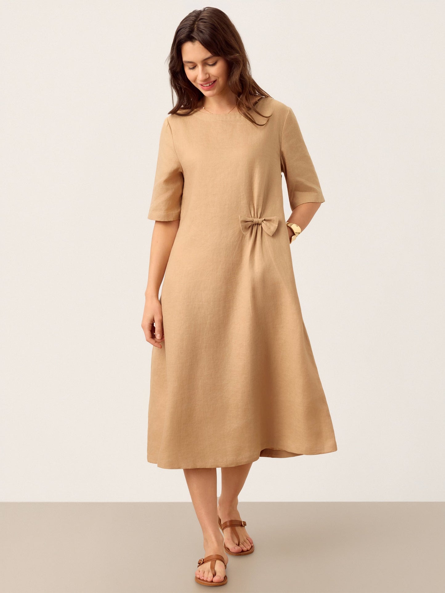 Maren | Women’s Linen Side-Gathered Bow Maxi Dress