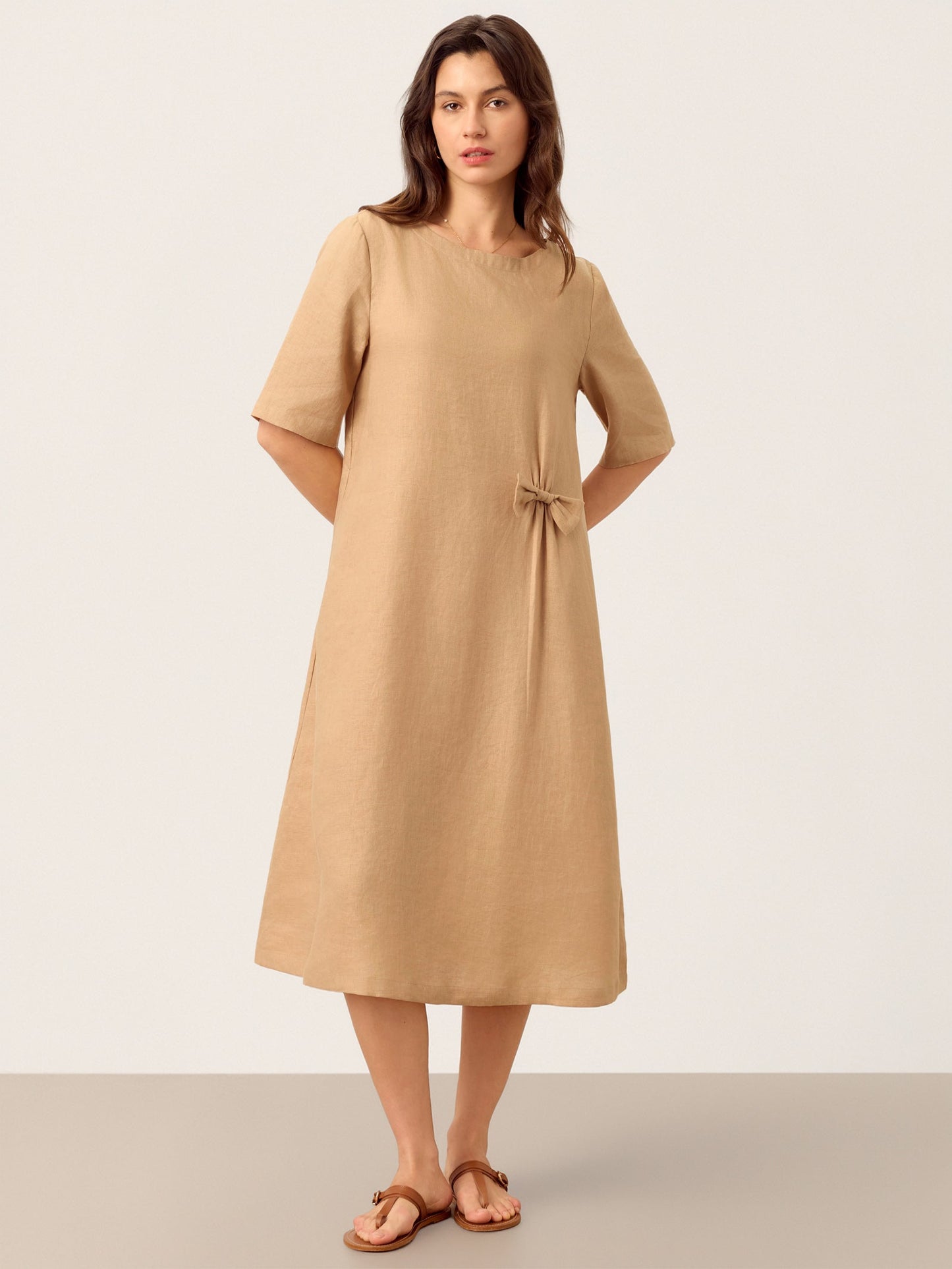 Maren | Women’s Linen Side-Gathered Bow Maxi Dress