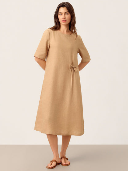 Maren | Women’s Linen Side-Gathered Bow Maxi Dress