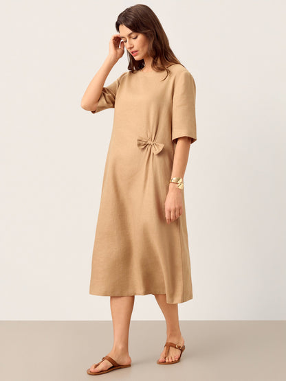 Maren | Women’s Linen Side-Gathered Bow Maxi Dress
