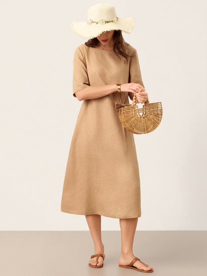 Maren | Women’s Linen Side-Gathered Bow Maxi Dress