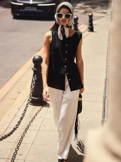 Delia | Women’s Linen Button-Down Sleeveless Blouse