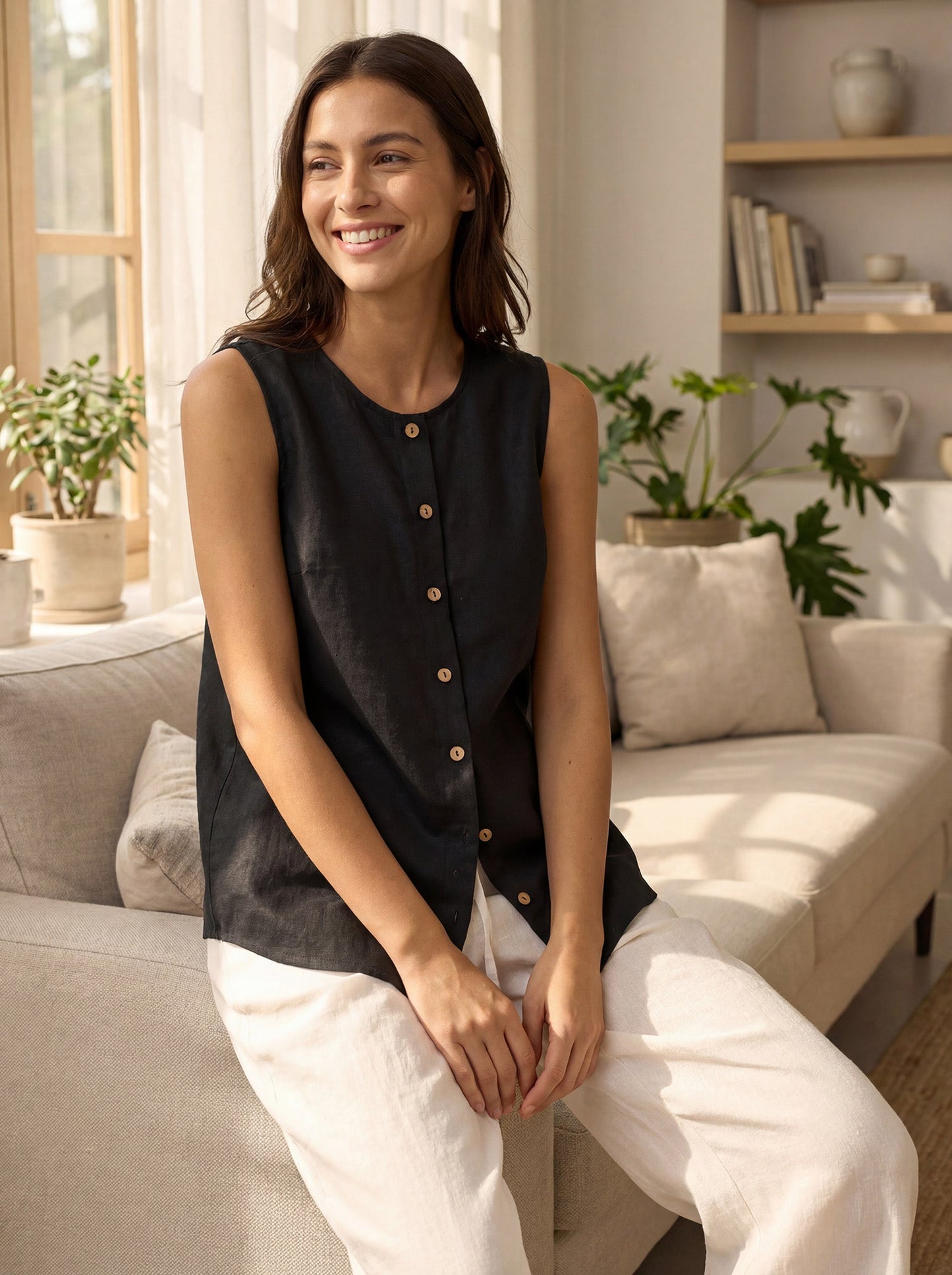 Delia | Women’s Linen Button-Down Sleeveless Blouse