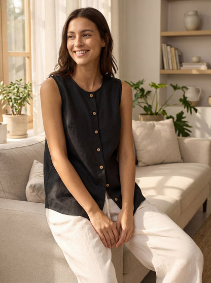 Delia | Women’s Linen Button-Down Sleeveless Blouse