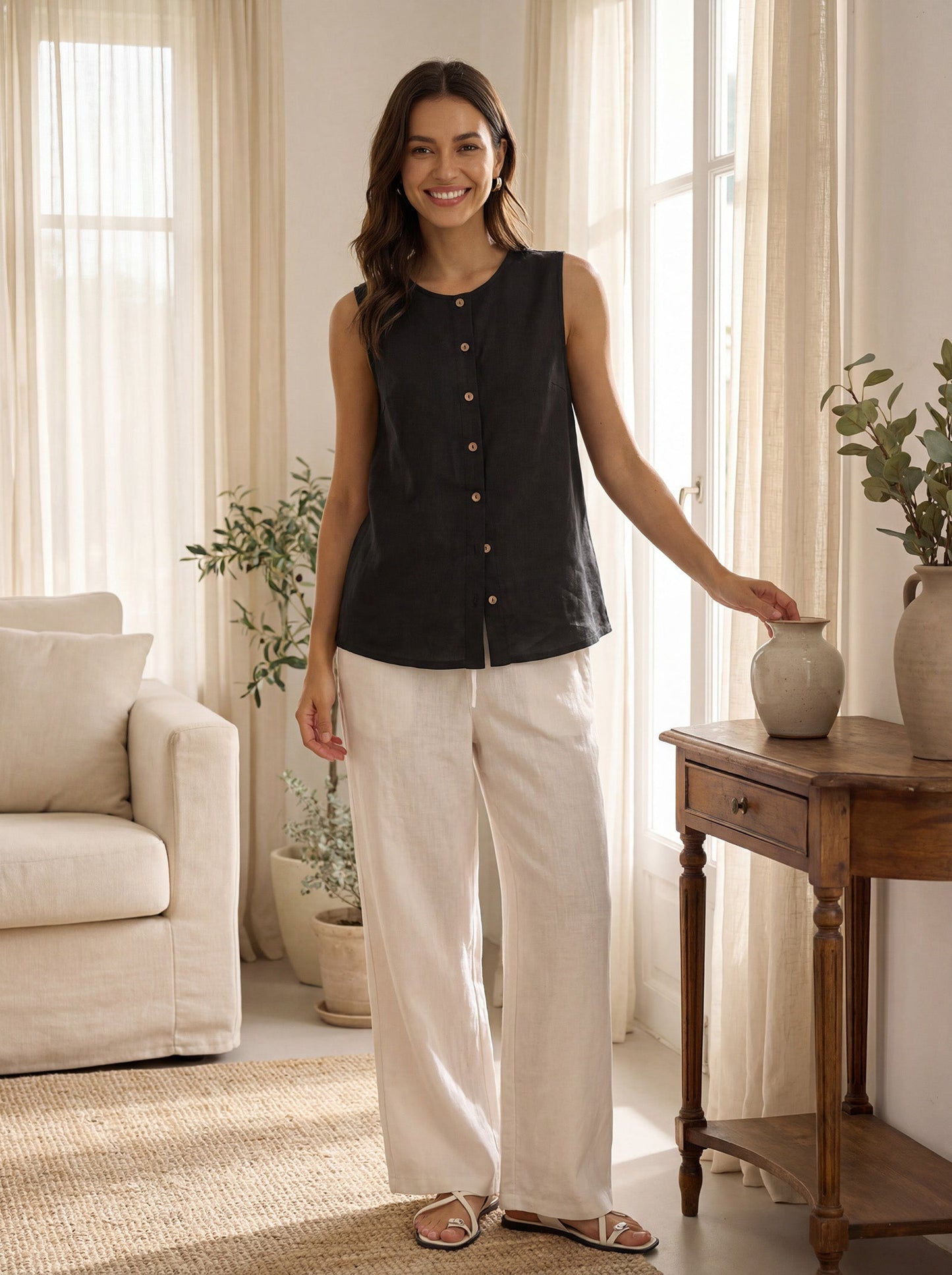 Delia | Women’s Linen Button-Down Sleeveless Blouse