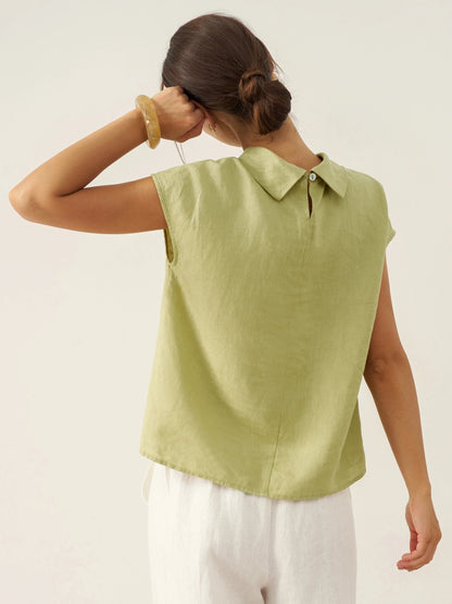 Payton | Women’s Linen Cap Sleeve Soft-Fold Collar Top