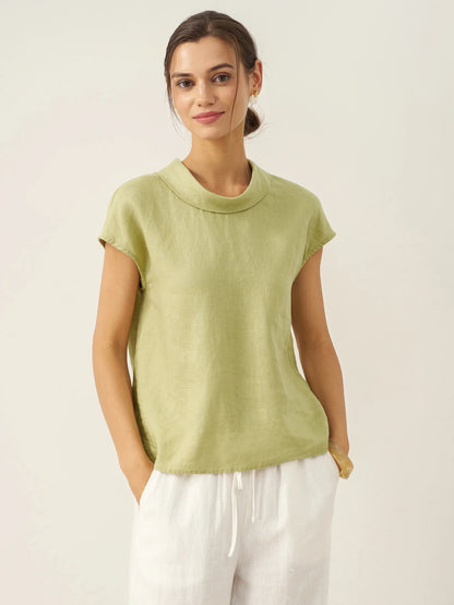 Payton | Women’s Linen Cap Sleeve Soft-Fold Collar Top