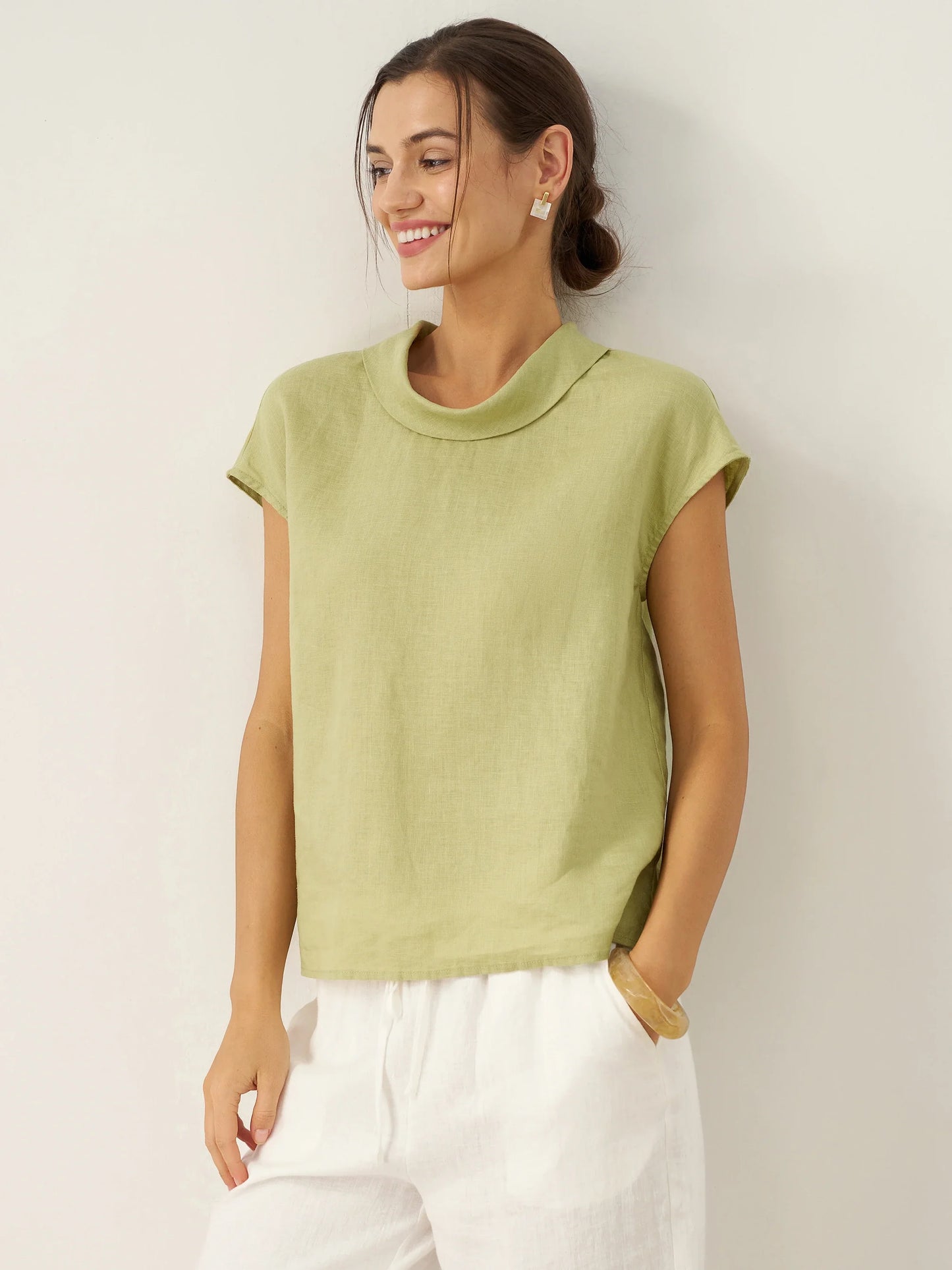 Payton | Women’s Linen Cap Sleeve Soft-Fold Collar Top