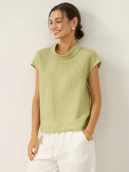Payton | Women’s Linen Cap Sleeve Soft-Fold Collar Top