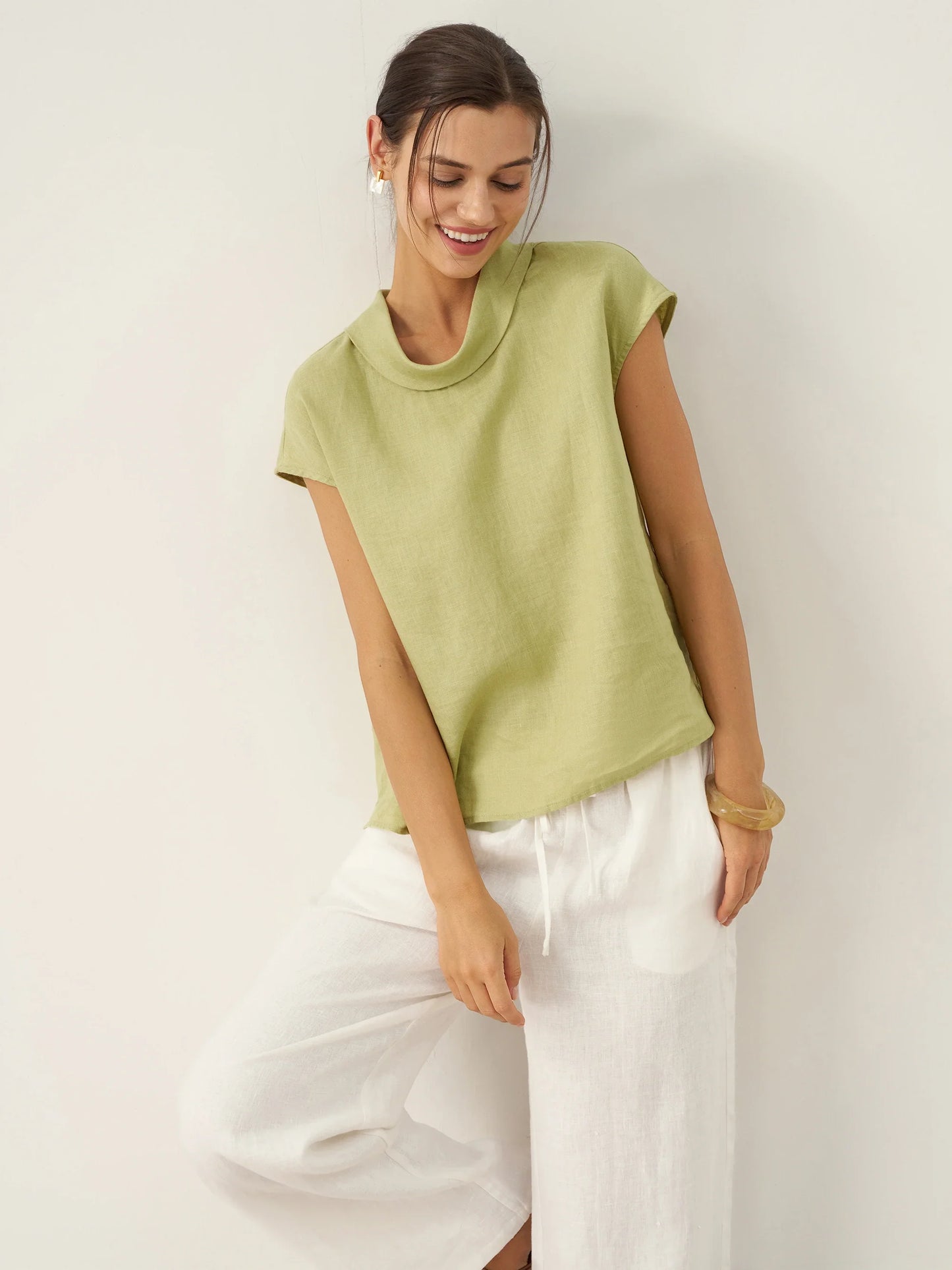 Payton | Women’s Linen Cap Sleeve Soft-Fold Collar Top
