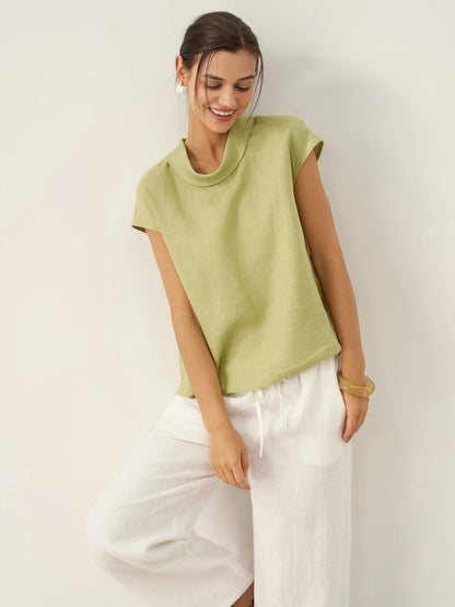 Payton | Women’s Linen Cap Sleeve Soft-Fold Collar Top
