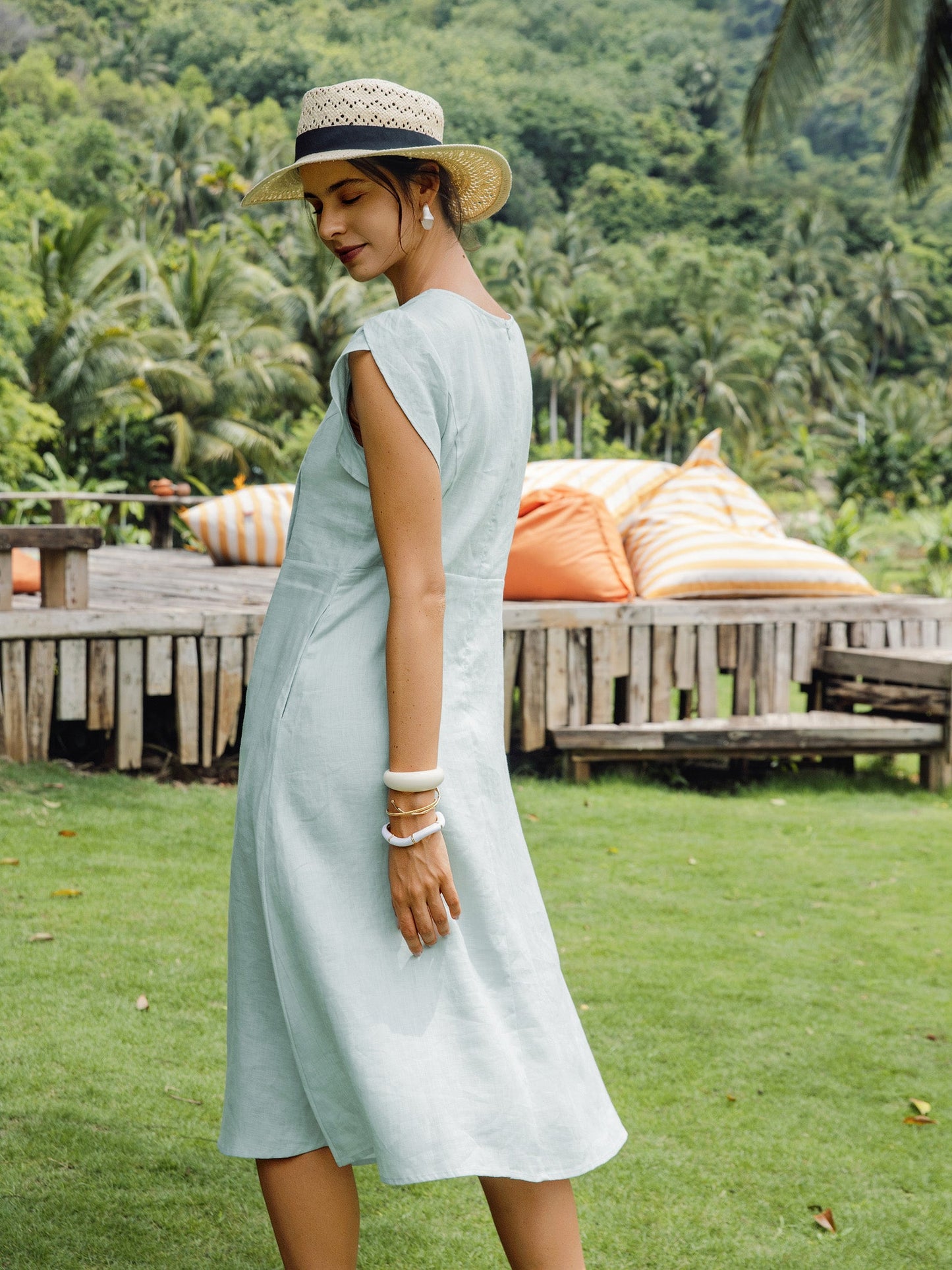 Hadley | Women’s Linen Crescent Collar Flutter Sleeve Midi Dress