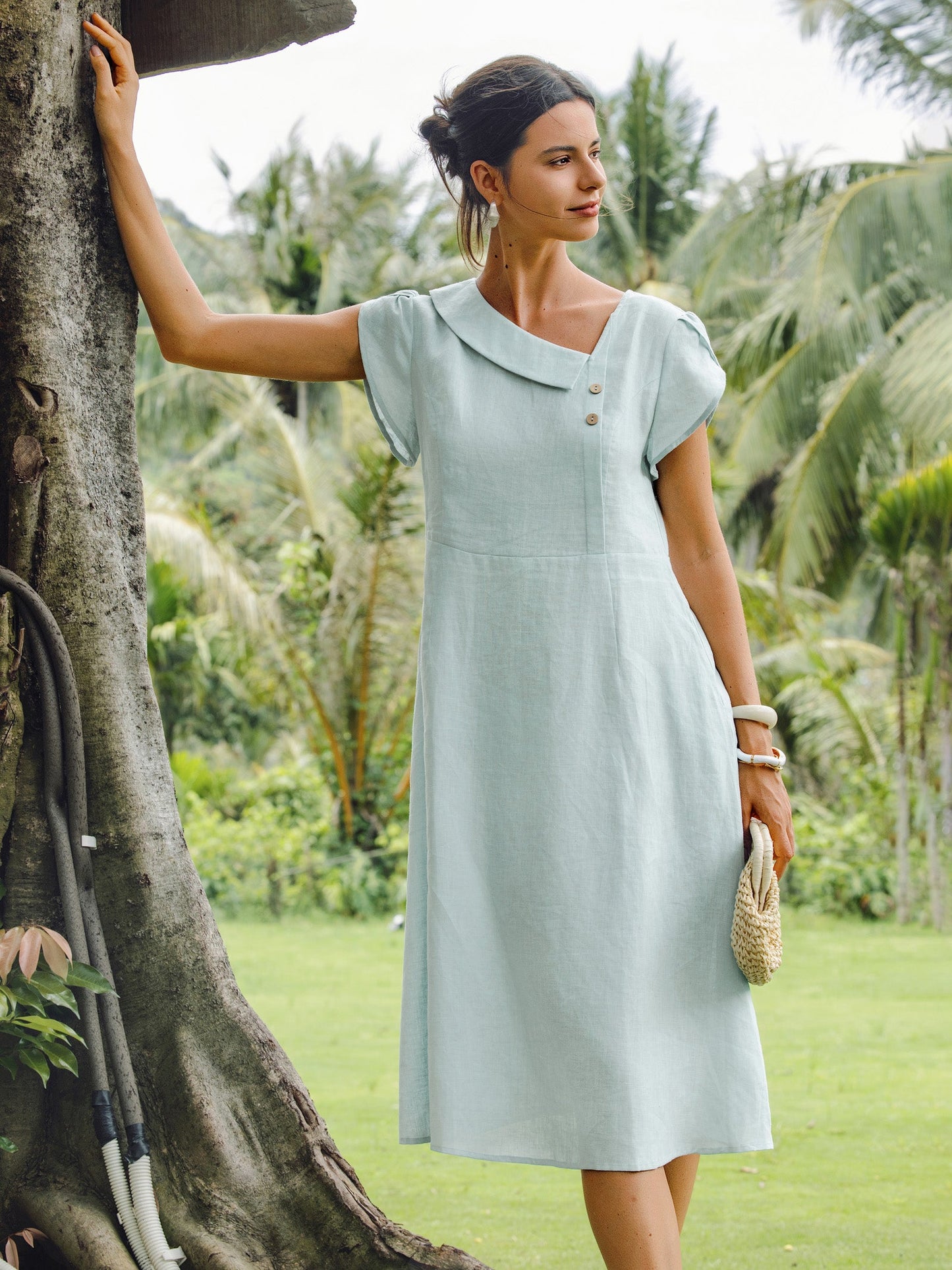 Hadley | Women’s Linen Crescent Collar Flutter Sleeve Midi Dress