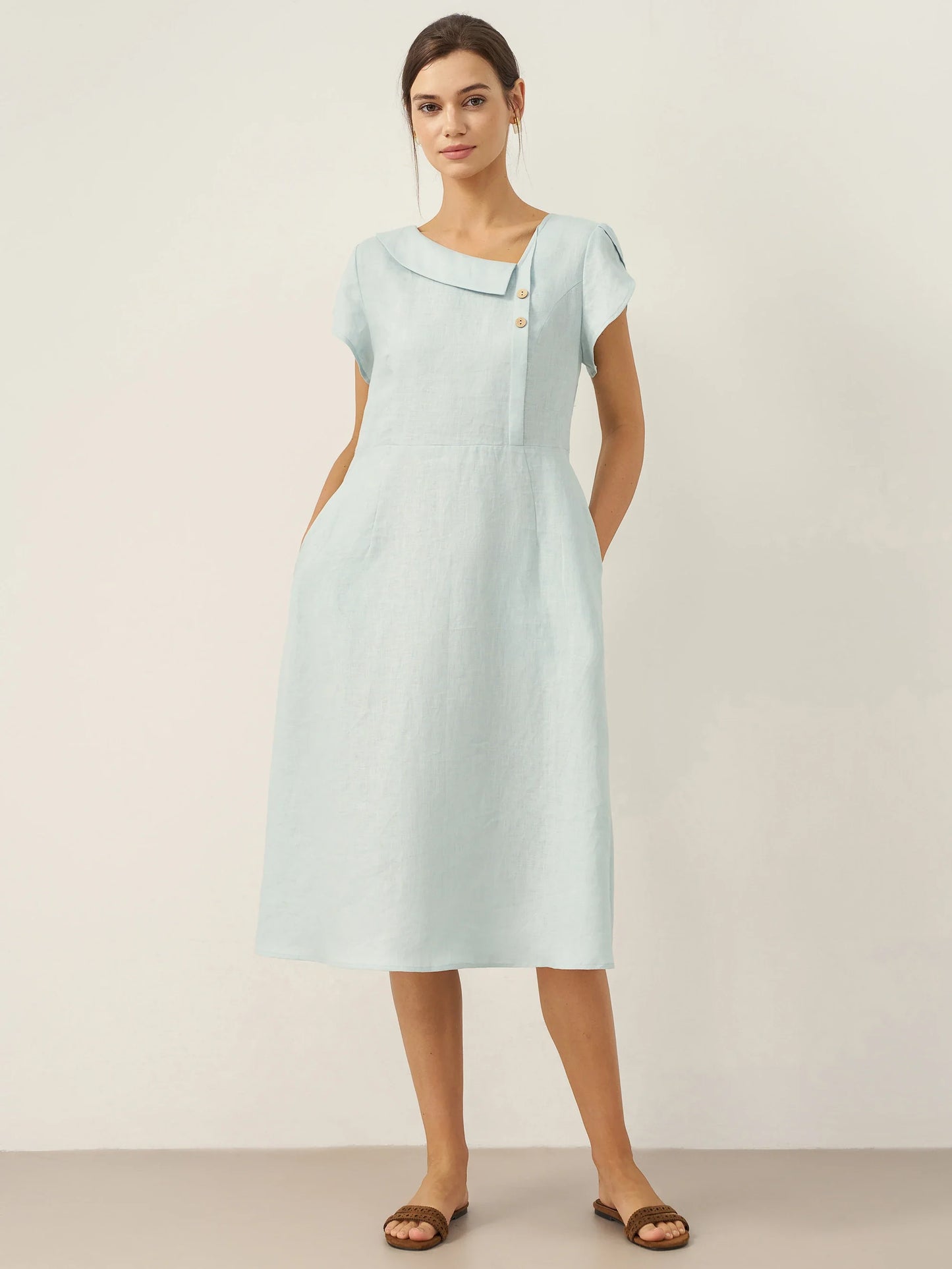 Hadley | Women’s Linen Crescent Collar Flutter Sleeve Midi Dress