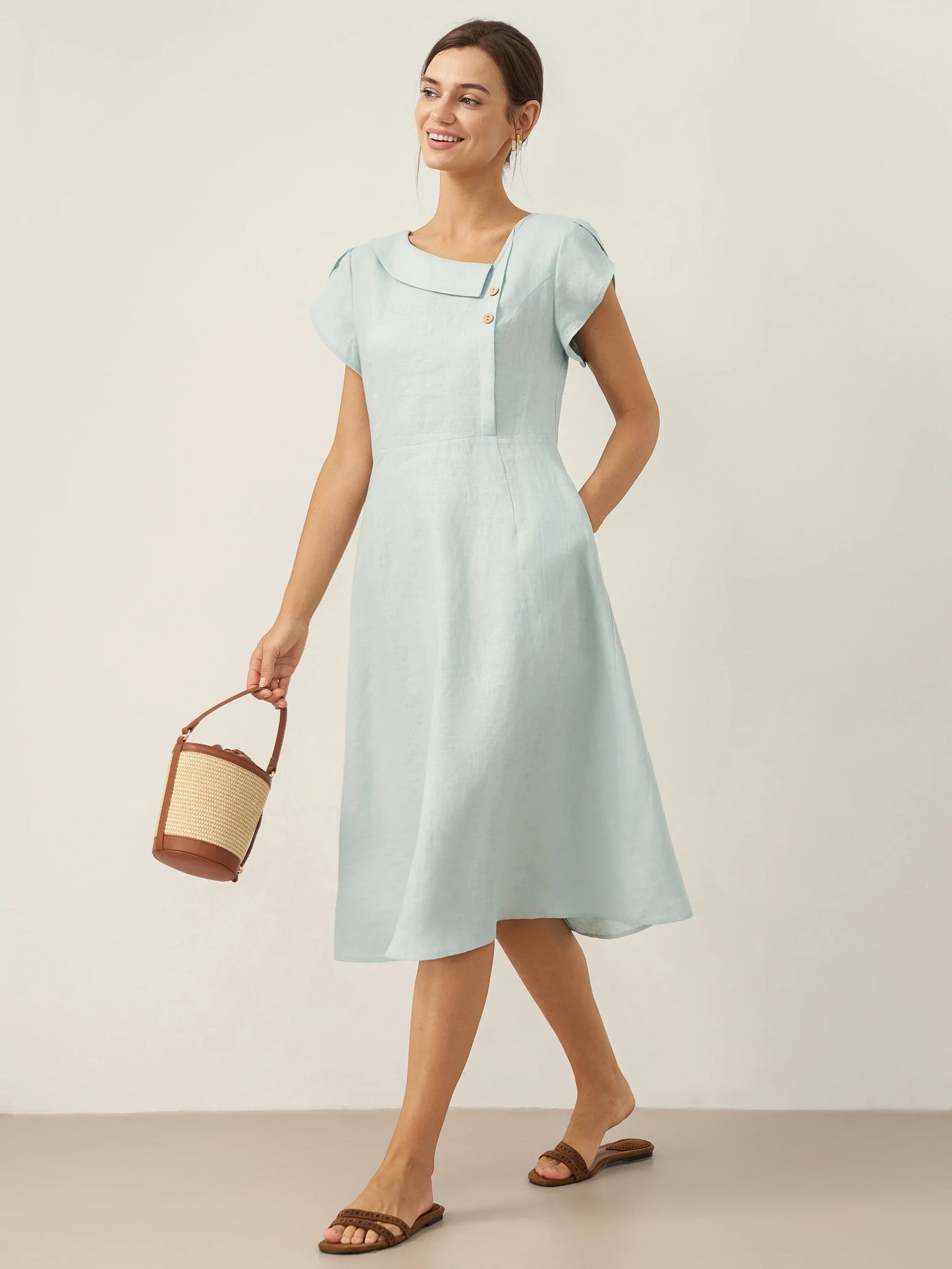 Hadley | Women’s Linen Crescent Collar Flutter Sleeve Midi Dress