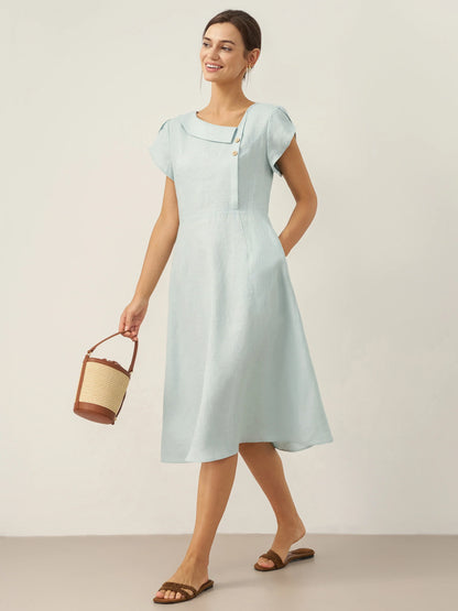 Hadley | Women’s Linen Crescent Collar Flutter Sleeve Midi Dress
