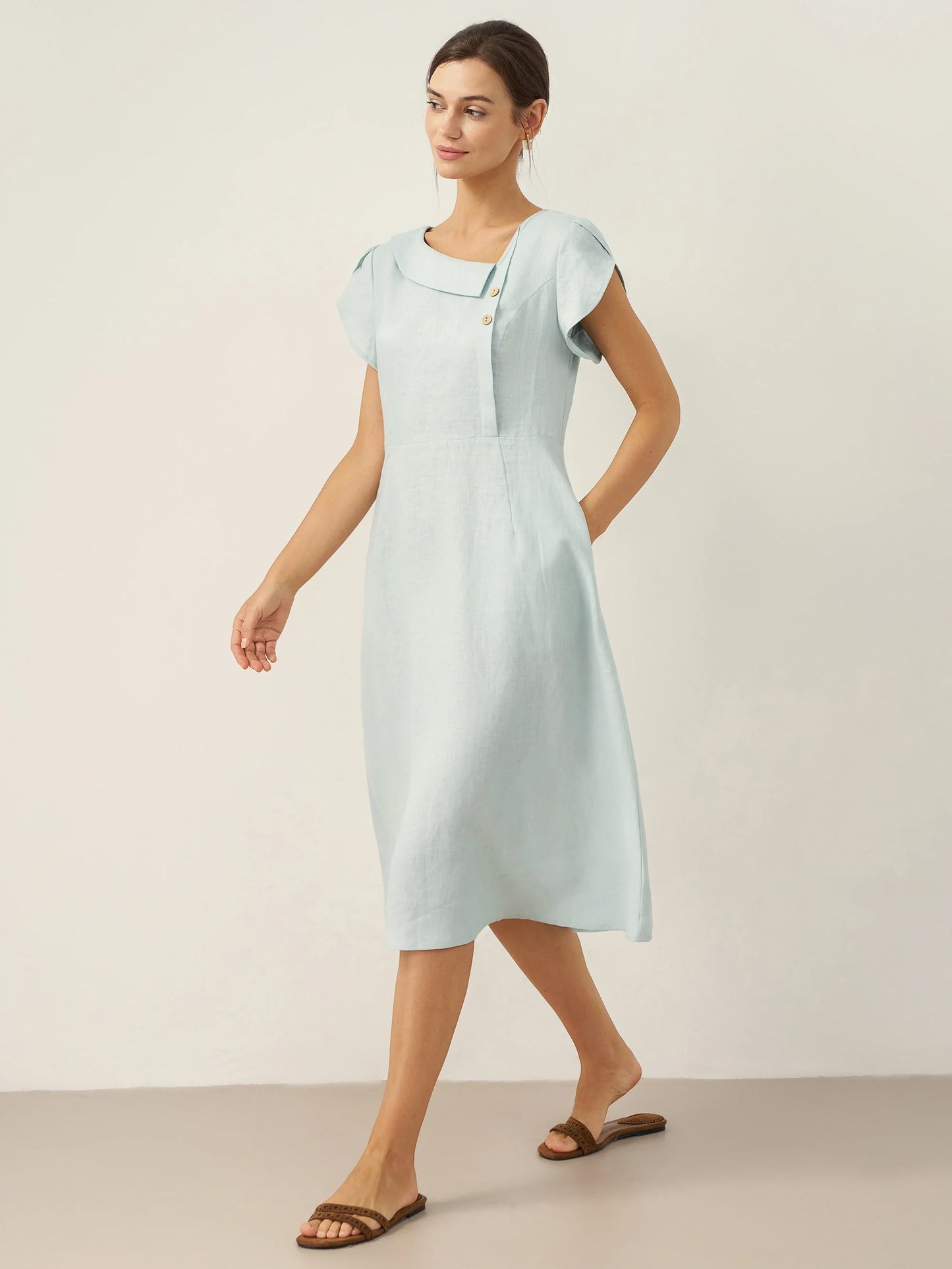 Hadley | Women’s Linen Crescent Collar Flutter Sleeve Midi Dress