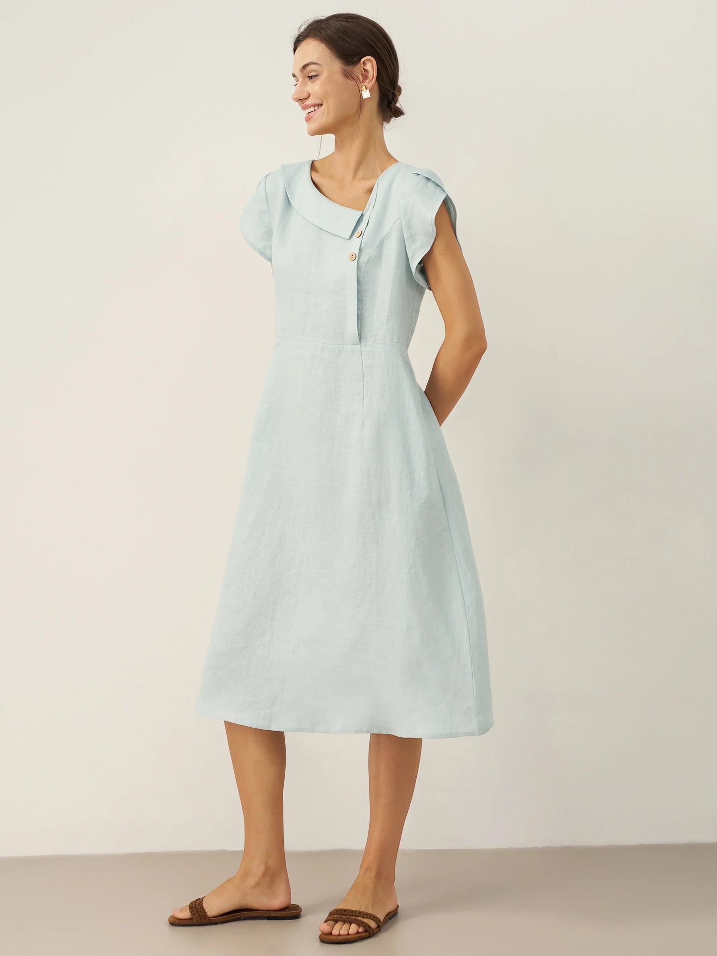 Hadley | Women’s Linen Crescent Collar Flutter Sleeve Midi Dress