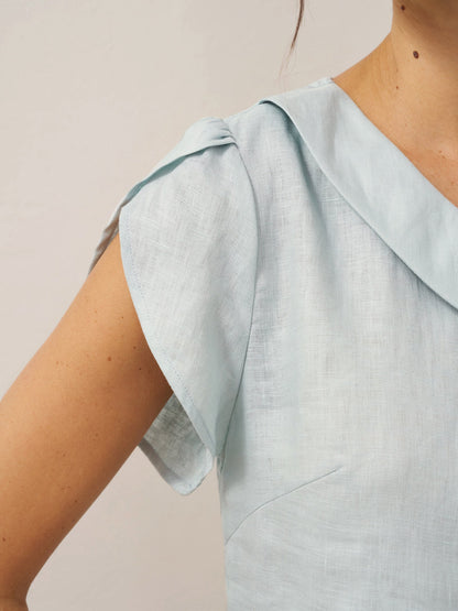 Alaina | Women’s Linen Crescent Collar Flutter Sleeve Top