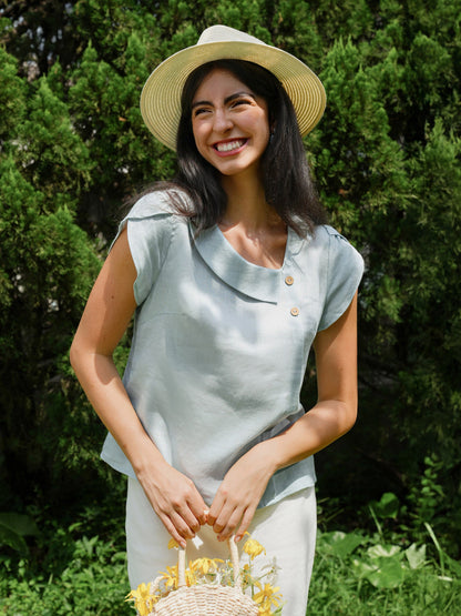 Alaina | Women’s Linen Crescent Collar Flutter Sleeve Top