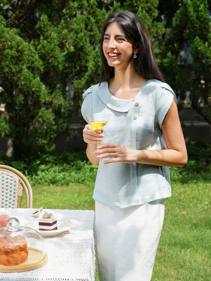 Alaina | Women’s Linen Crescent Collar Flutter Sleeve Top