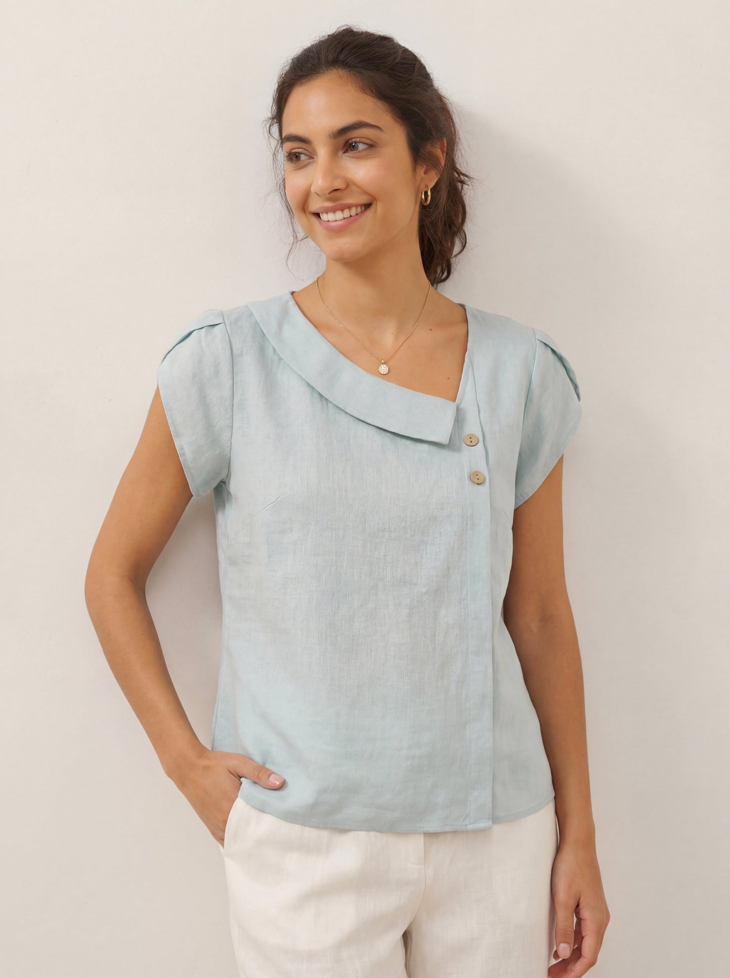 Alaina | Women’s Linen Crescent Collar Flutter Sleeve Top