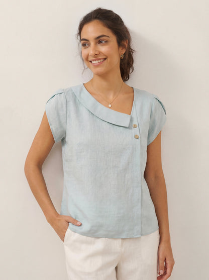 Alaina | Women’s Linen Crescent Collar Flutter Sleeve Top