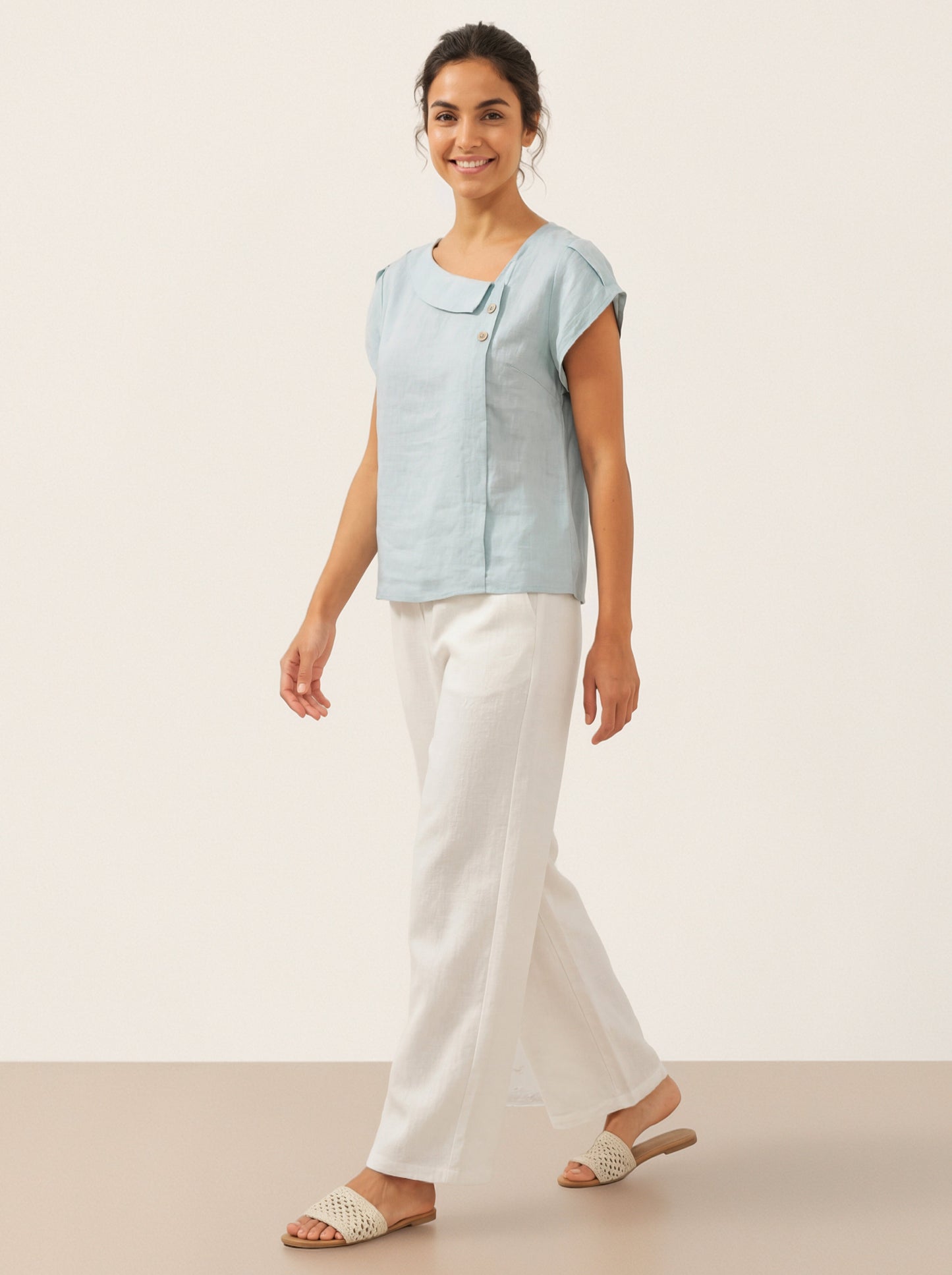 Alaina | Women’s Linen Crescent Collar Flutter Sleeve Top