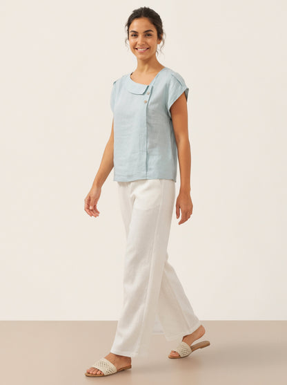 Alaina | Women’s Linen Crescent Collar Flutter Sleeve Top