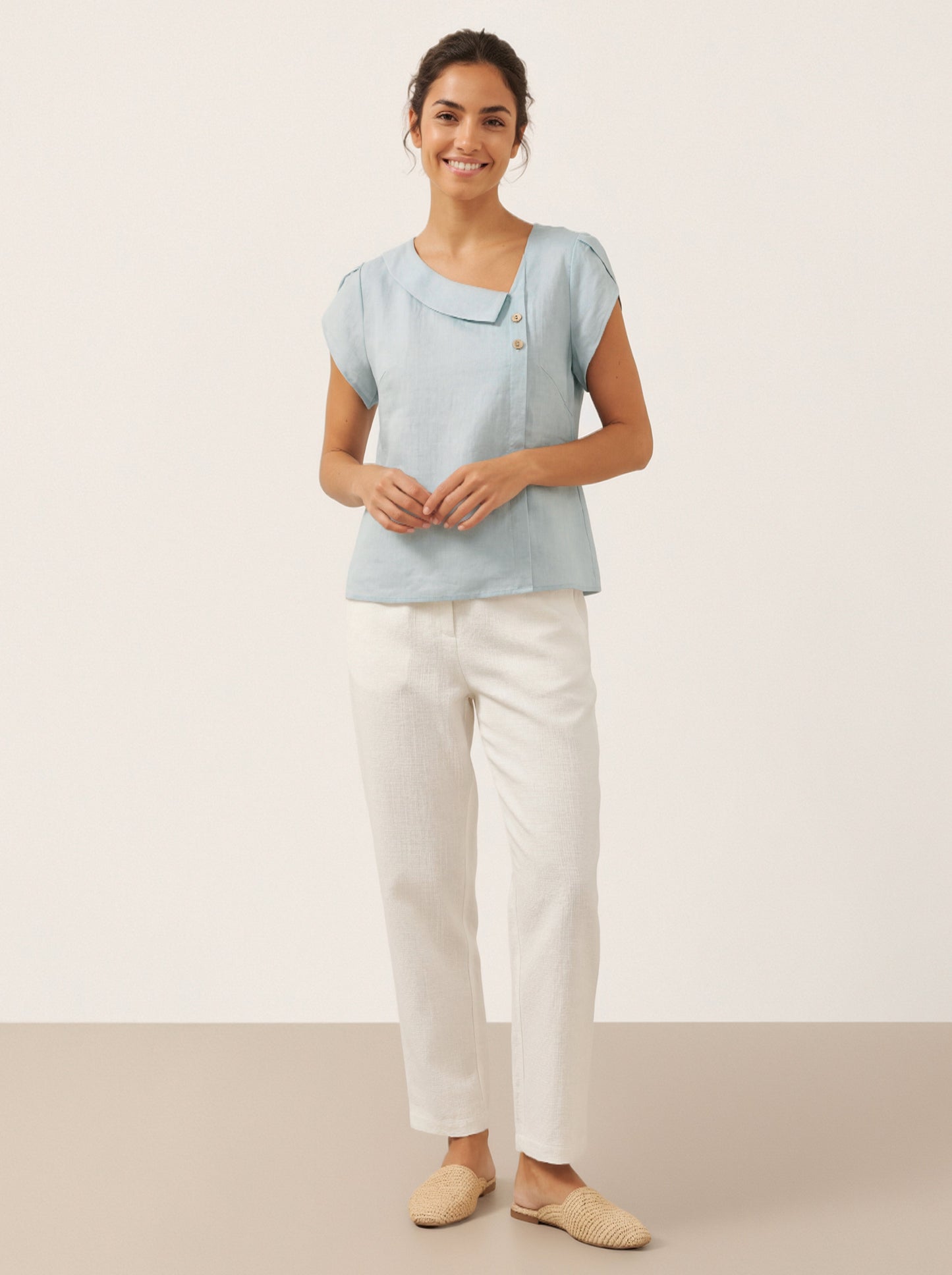 Alaina | Women’s Linen Crescent Collar Flutter Sleeve Top