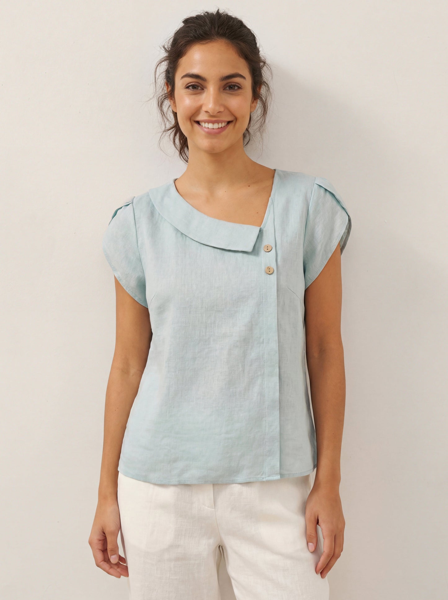 Alaina | Women’s Linen Crescent Collar Flutter Sleeve Top