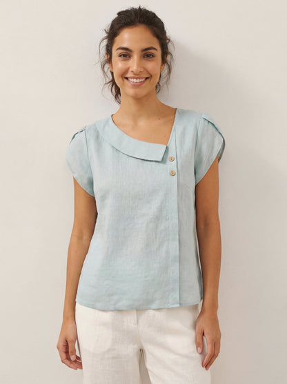 Alaina | Women’s Linen Crescent Collar Flutter Sleeve Top