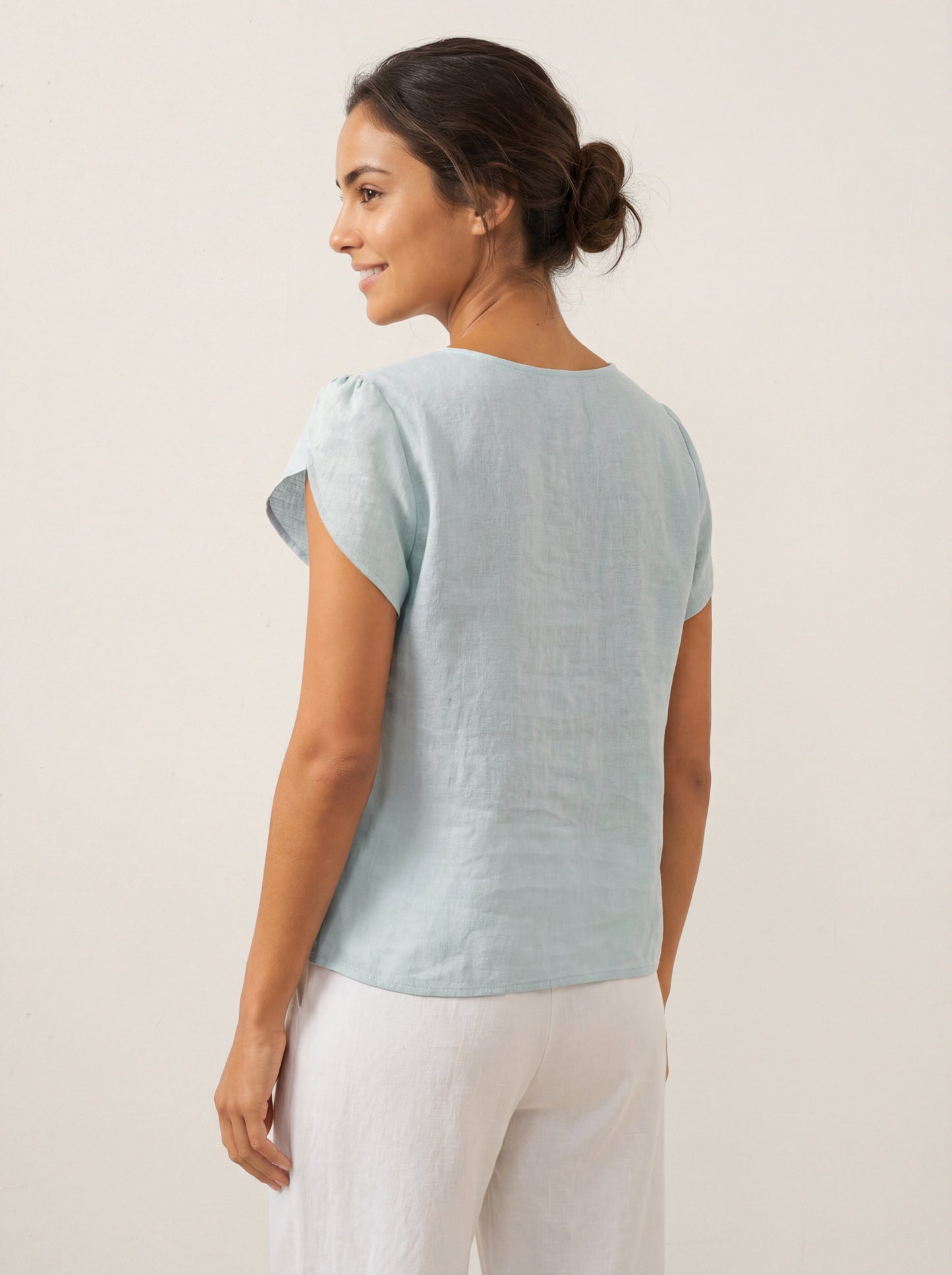 Alaina | Women’s Linen Crescent Collar Flutter Sleeve Top