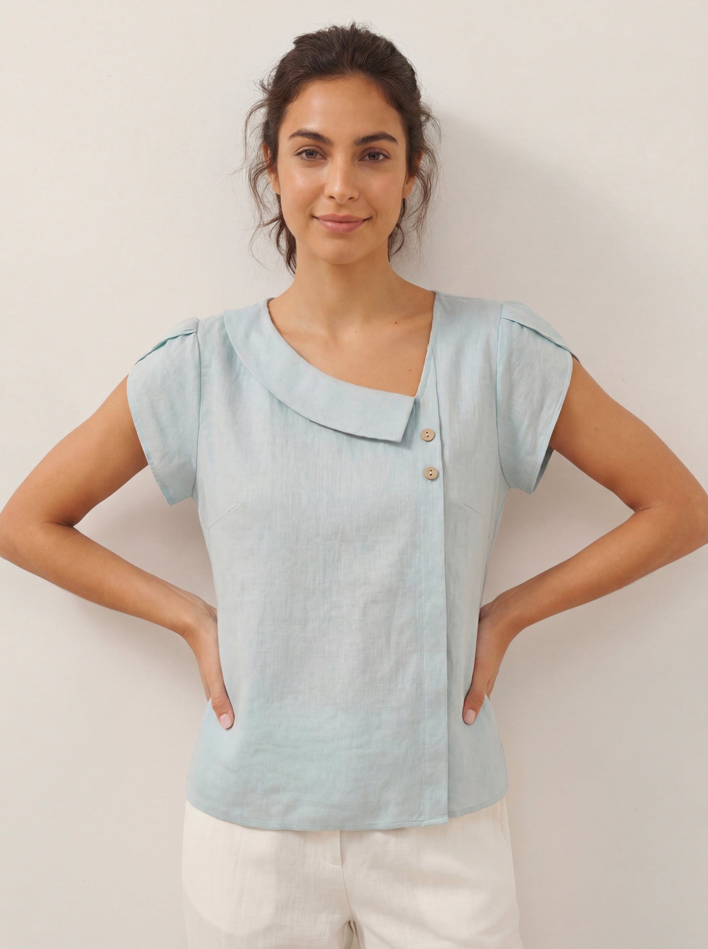 Alaina | Women’s Linen Crescent Collar Flutter Sleeve Top