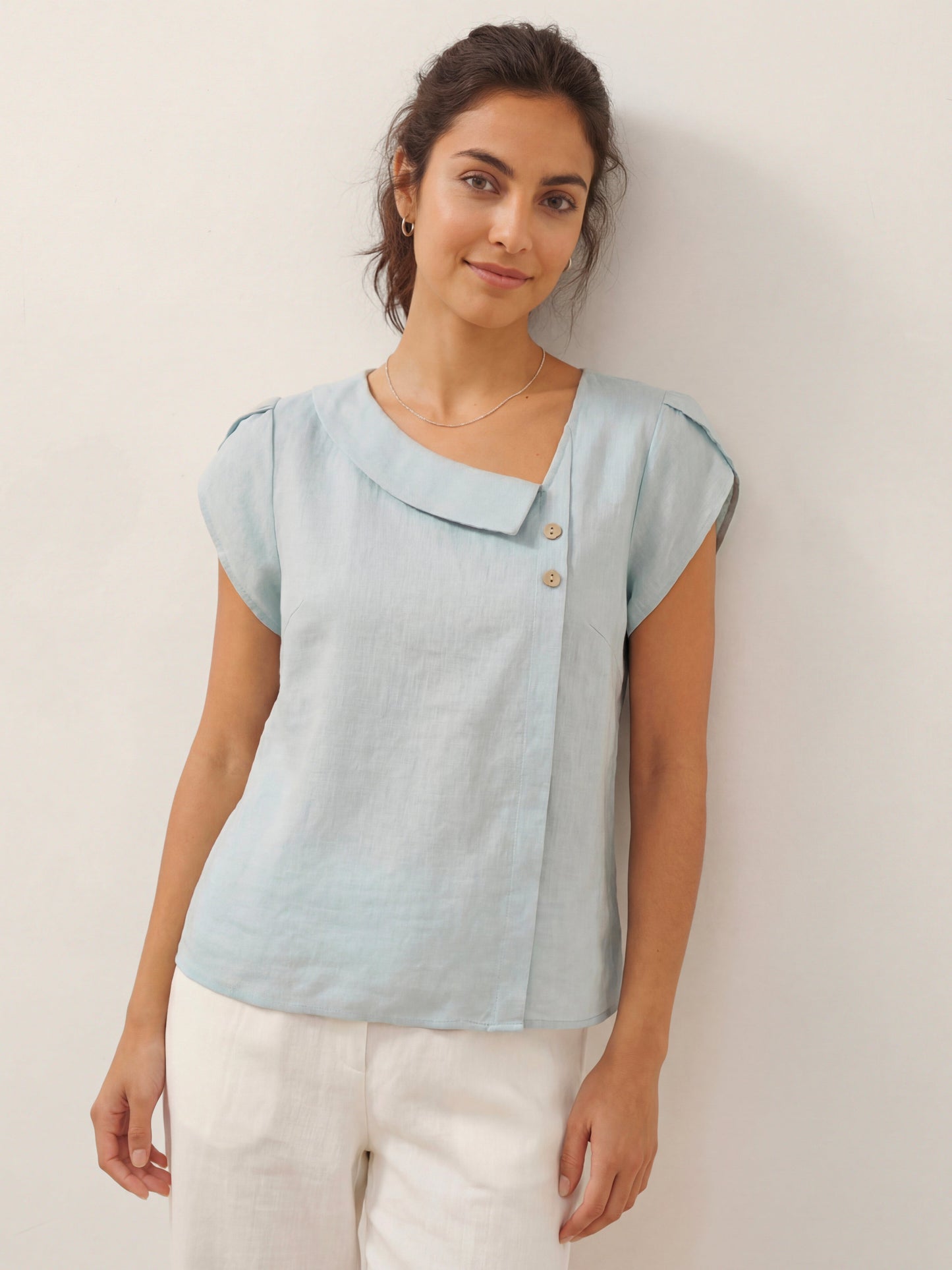 Alaina | Women’s Linen Crescent Collar Flutter Sleeve Top