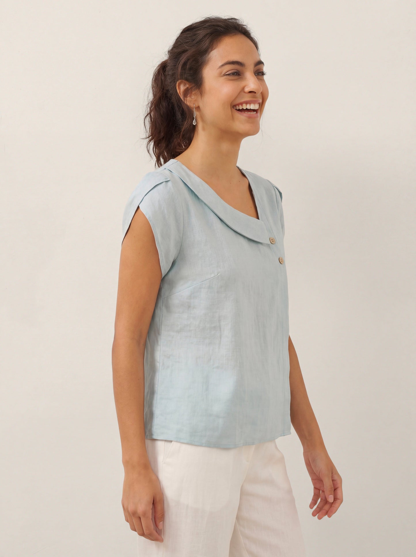 Alaina | Women’s Linen Crescent Collar Flutter Sleeve Top