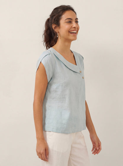 Alaina | Women’s Linen Crescent Collar Flutter Sleeve Top