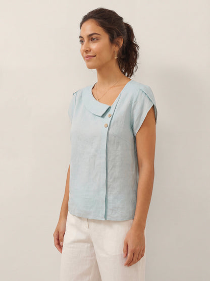 Alaina | Women’s Linen Crescent Collar Flutter Sleeve Top
