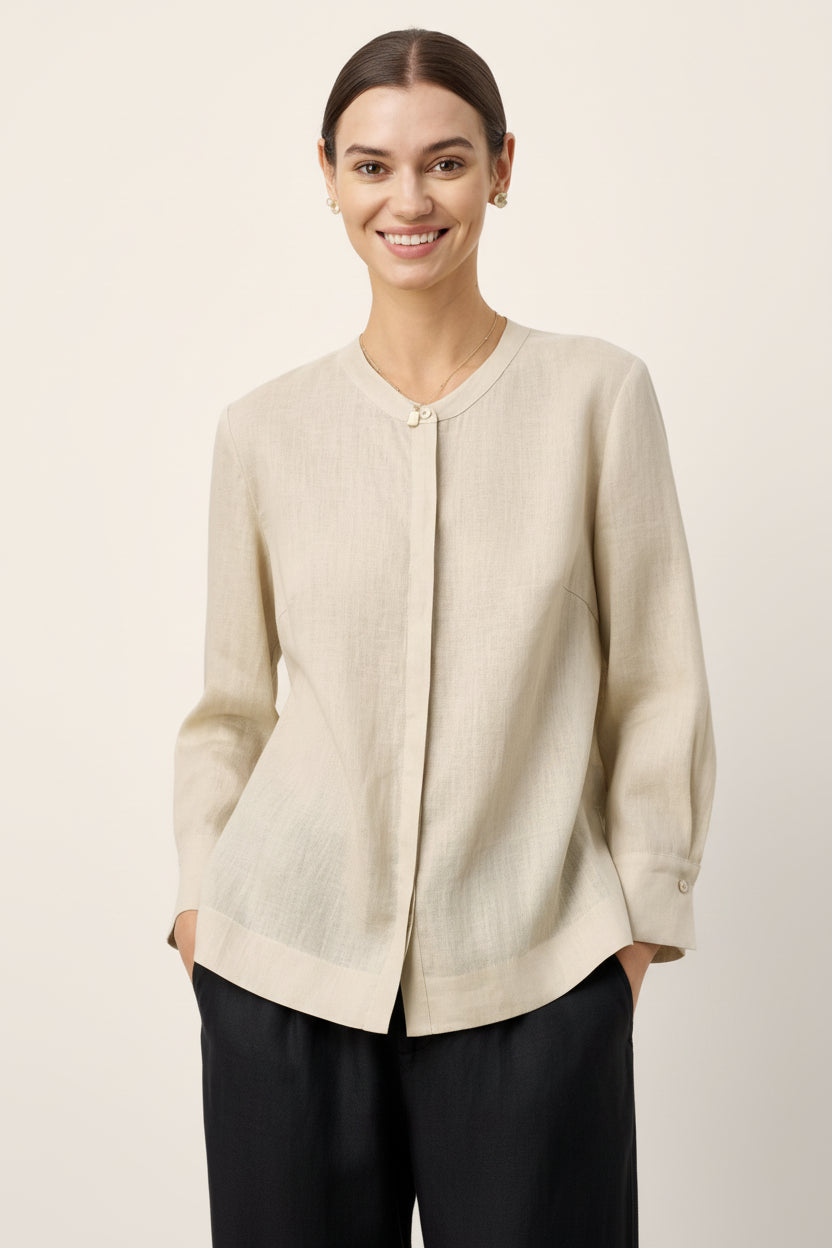 Phoebe | Women’s Linen Hidden Button Crew Neck Shirt