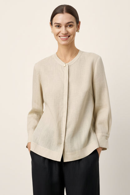 Phoebe | Women’s Linen Hidden Button Crew Neck Shirt