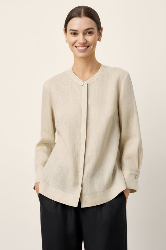 Phoebe | Women’s Linen Hidden Button Crew Neck Shirt