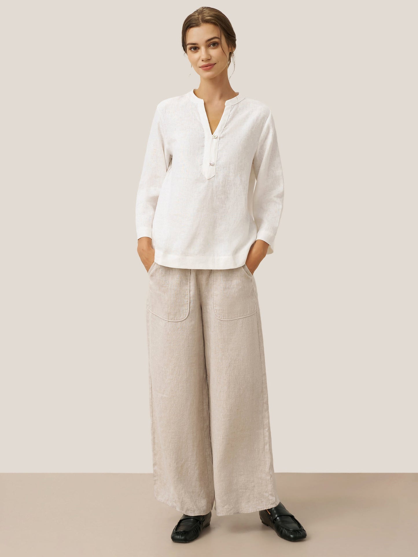 Colette | Women’s Linen Deep V-Neck Button-Trim Pullover Top