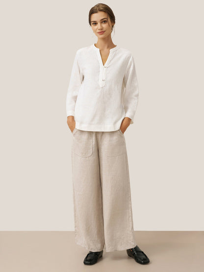Colette | Women’s Linen Deep V-Neck Button-Trim Pullover Top