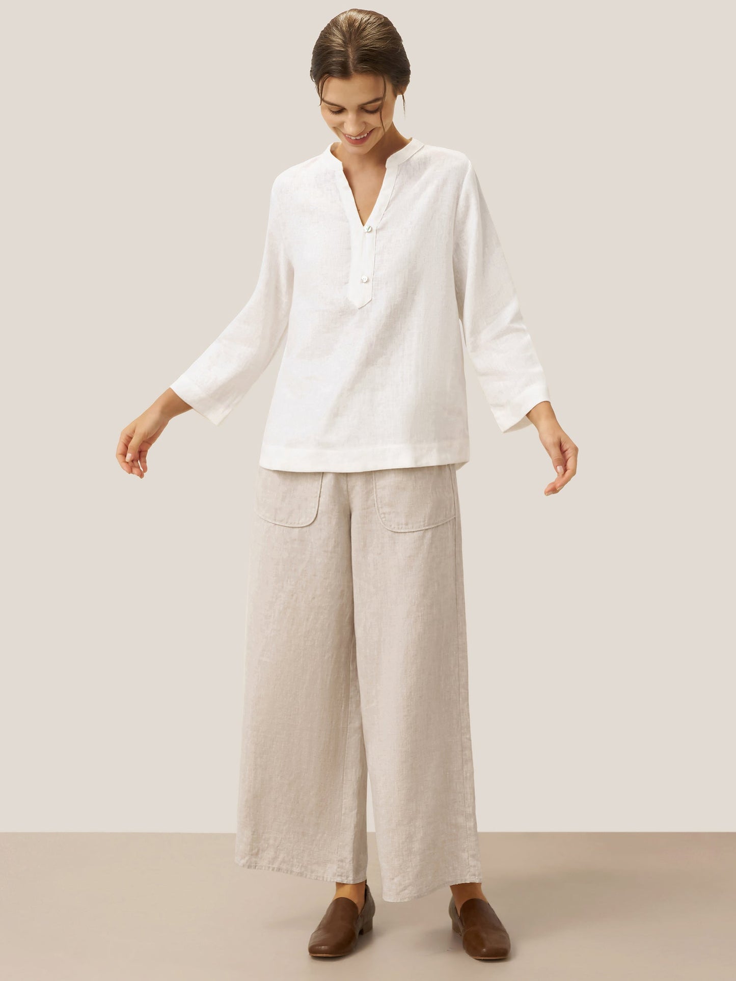 Colette | Women’s Linen Deep V-Neck Button-Trim Pullover Top